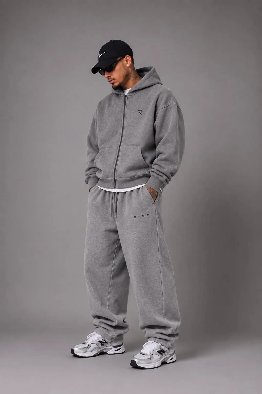 RISE model in oversized fleece tracksuit